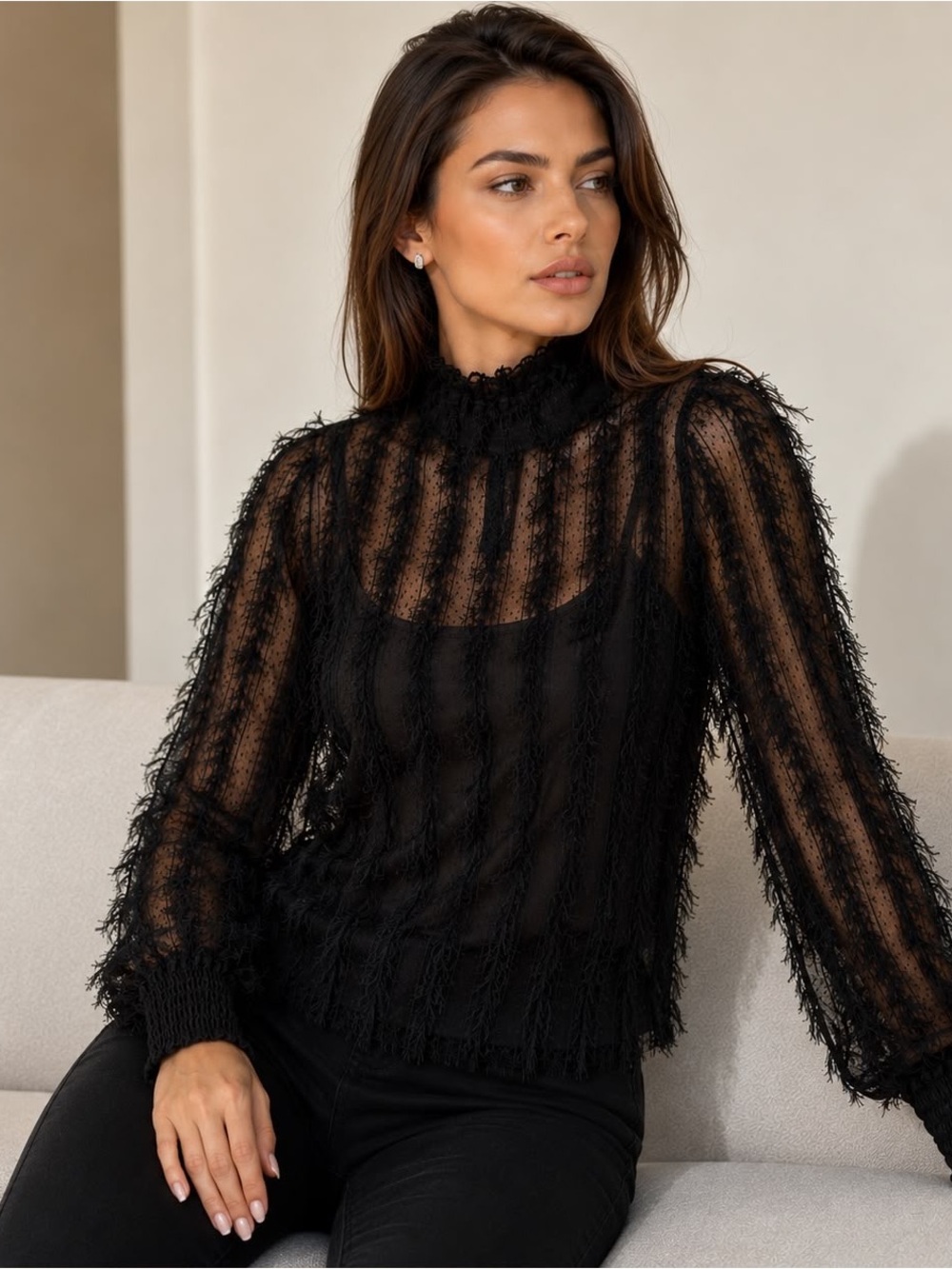 Lalavon Black Mesh Fringe Mock Neck Long Sleeve Blouse M & Camisole Top S EUC